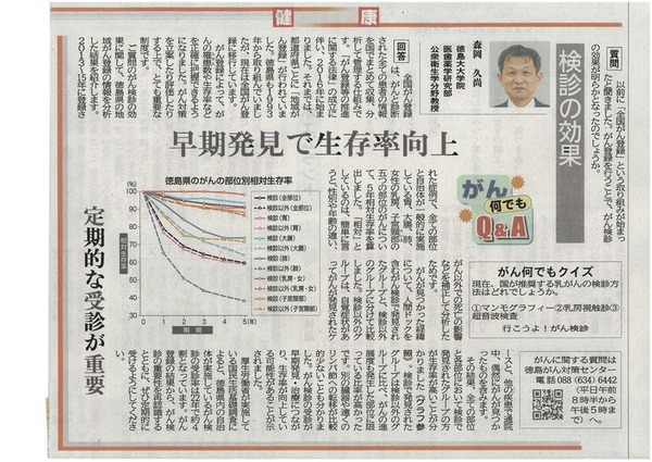 徳島新聞「がん何でもQ&A」に徳島大学病院 医歯薬学研究部公衆衛生学分野教授 森岡久尚 先生が掲載されました。(令和7年7月26日付け)